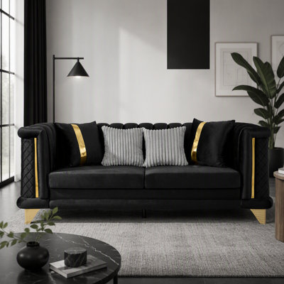 Ensemble de canapé de luxe en velours avec garnitures dorées, texture brodée, conception capitonnée, coussins en mousse à mémoire de forme et revêtement de qualité supérieure pour le confort et le style du salon.