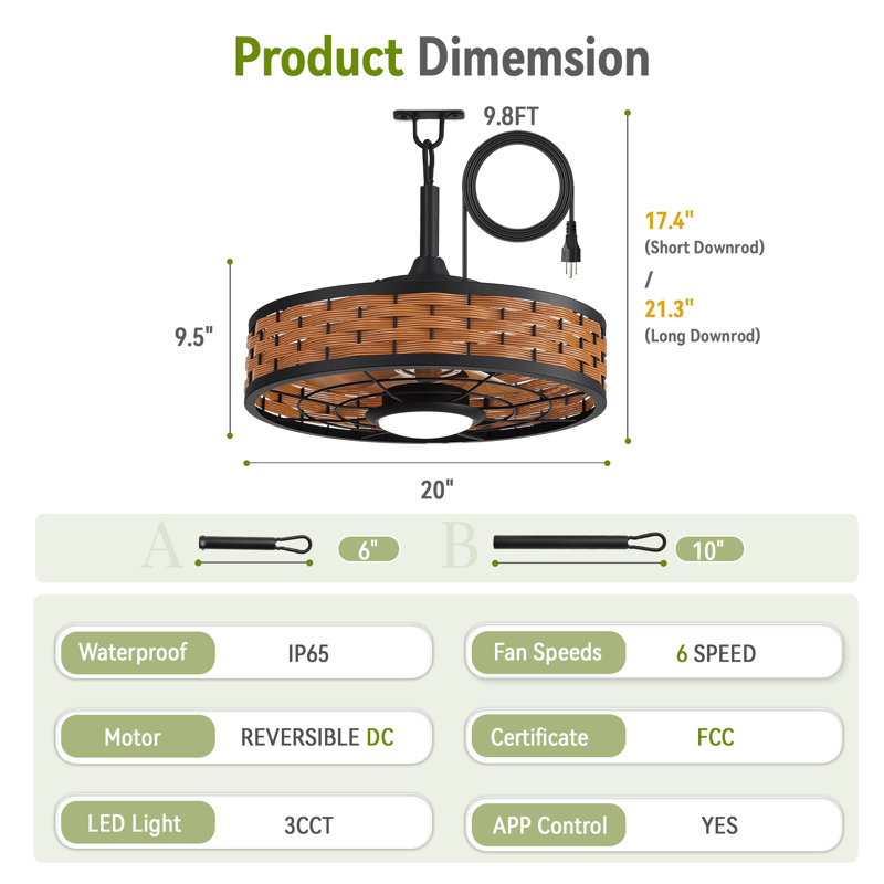 Cissline 20" Outdoor Rattan Lampshade Waterproof Plug-in Ceiling Fan with Light and Remote Control for Patio/Gazebo/Pergola