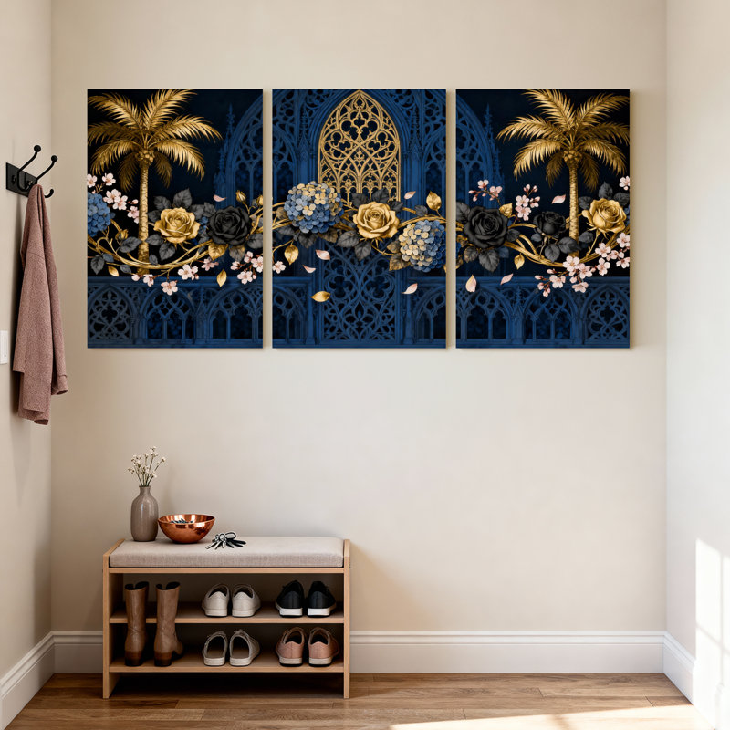 Plantes et fleurs, arche gothique bleue, fleurs d'or, palmiers, ensemble de 3 impressions sur toile, H 18 po x l 12 po