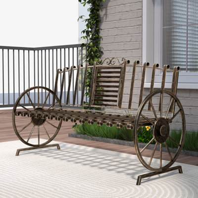 Banc d'extérieur en métal de 56,3 po de largeur, bancs de véranda, banc de jardin avec table rabattable et accoudoirs roulants