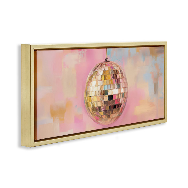 Cadre flottant boule dorée disco, design par Nini Art, H 14 po x l 31 po, Cadre flottant métallique doré