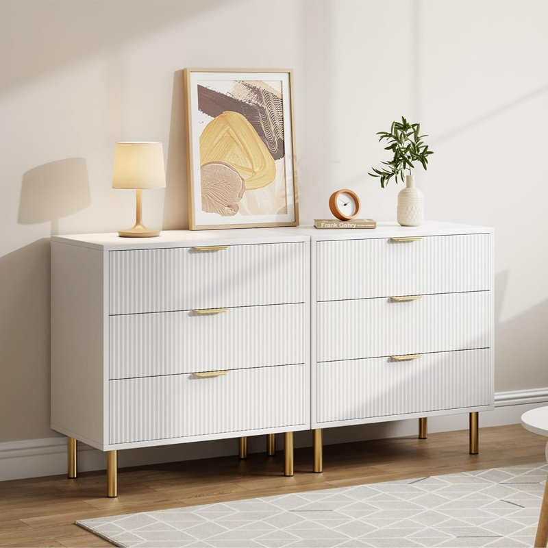 Modern 3-Drawer Wood Dresser with Gold Handles, White