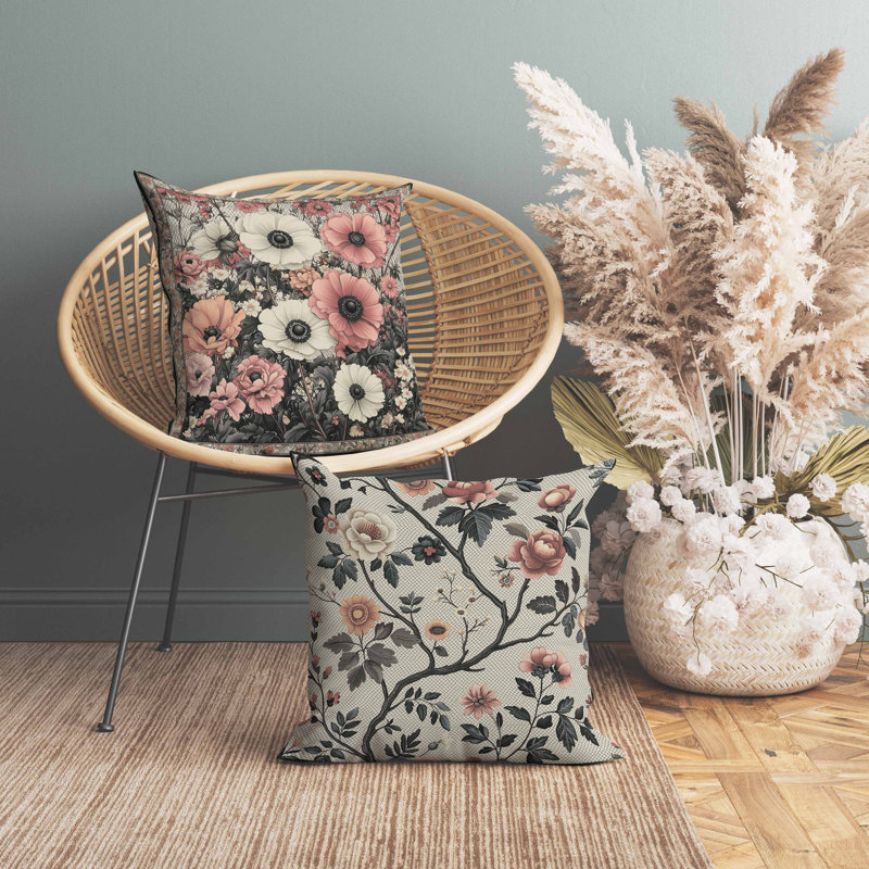 Floral Array Faux Suede Pillow, Pink/Gray, Square 18"
