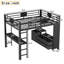 Grand lit mezzanine en métal avec bureau et tablettes, panneau perforé de rangement et panier à linge, noir compact