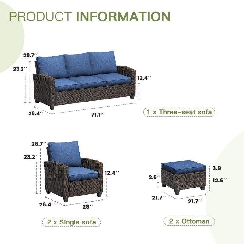 7 Piece Outdoor Rattan Sofa Seating Groups, Navy