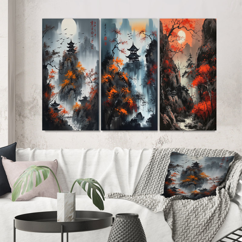 «Moonset And Japonese Maple Tree», 3 pièces sur toile, Toile tendue, H 32 po x l 48 po