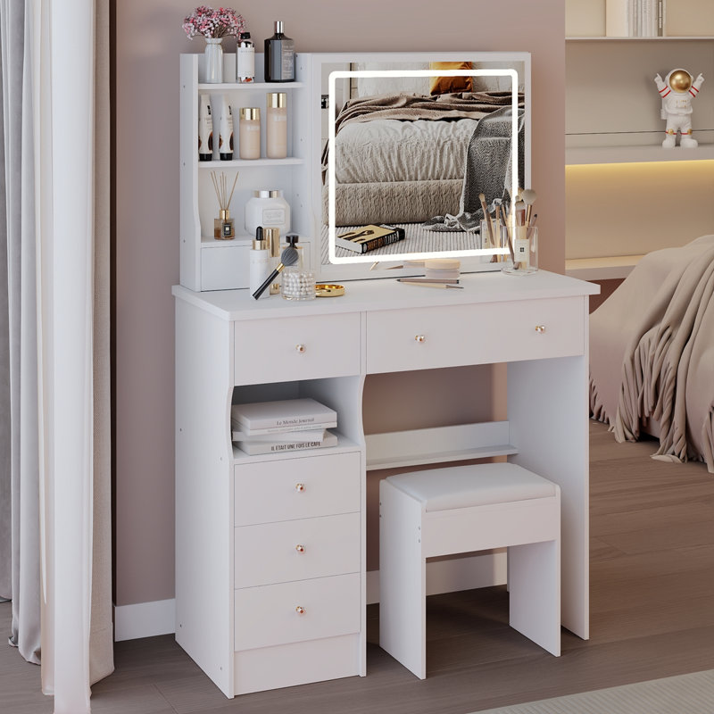 37" Middle Size Left Drawer Desktop Vanity Table + Cushioned Stool, Large Sliding, Touch Control, Tri-Color Switching, Brightness Adjust LED Mirror, High Capacity Storage, Suitable For Large Space