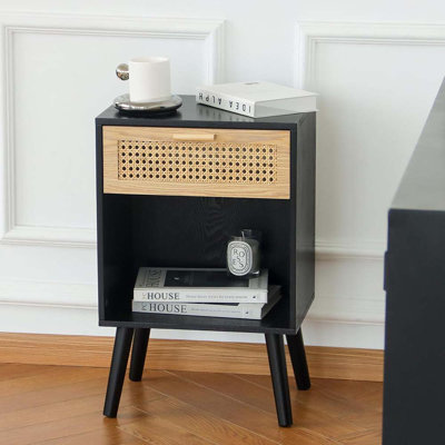 Rattan Side Table, Small Bedside Tables Natural Wood Nightstand With Drawer And Open Shelf, Modern Nightstand With Solid Legs