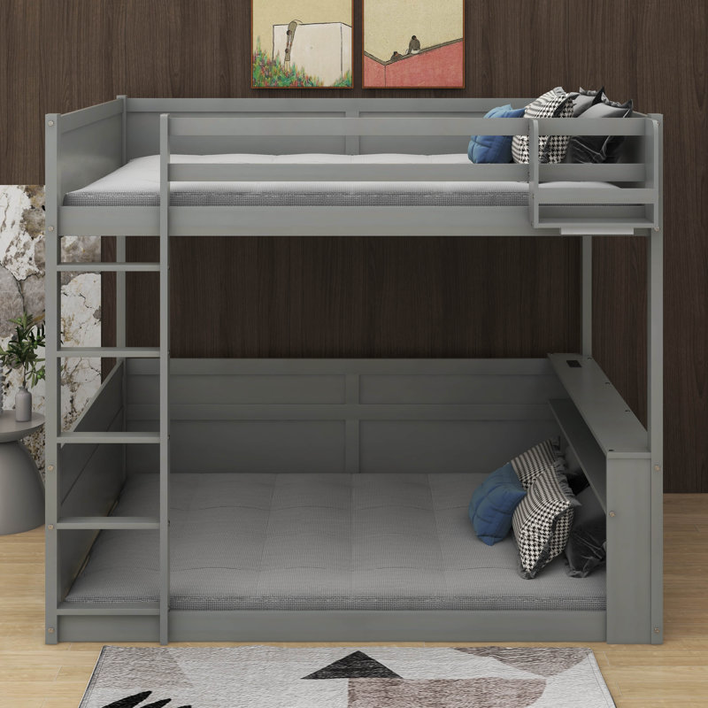 Grand lit superposé en bois avec tablettes et station de recharge USB, Gris