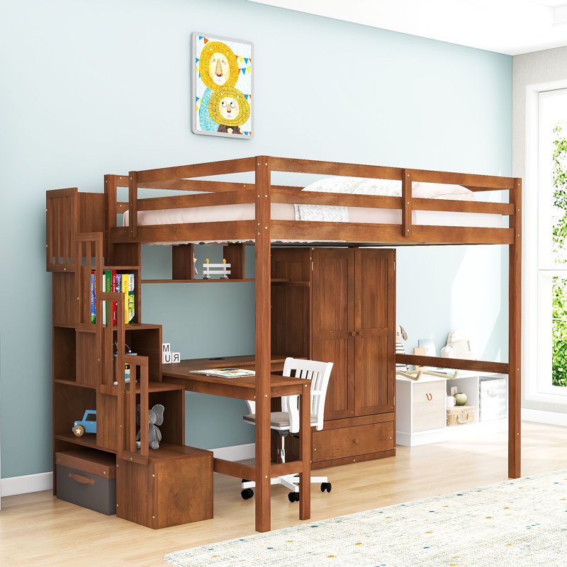 Lit mezzanine double en bois avec escalier de rangement, bureau en L et garde-robe, Noyer