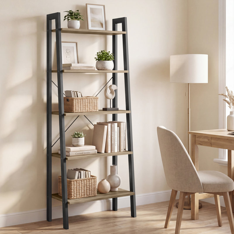 Jabari 67.9" H Metal Ladder Bookcase, Black/Camel Brown