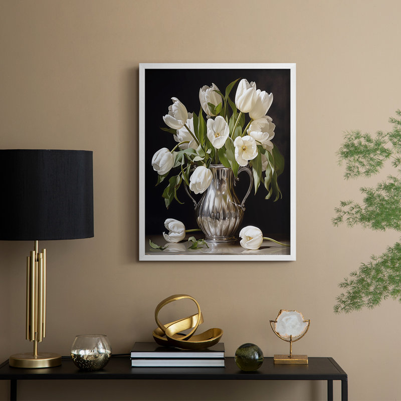 Série FLORAL DCCD - reproduction encadrée de qualité supérieure - prête à être accrochée - aucun clou requis, Blanc / Blanc