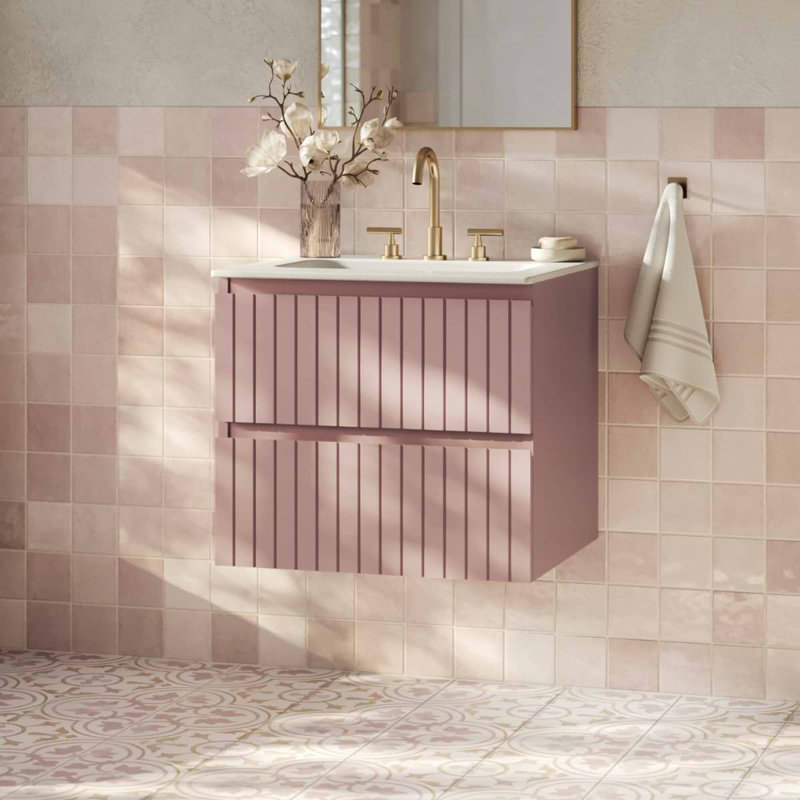 Meuble-lavabo simple flottant cannelé 24 po Atharv, Rose, L 24 po