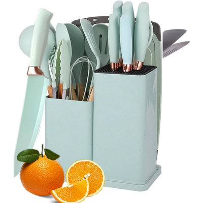 Ensemble d'ustensiles et de couteaux de cuisine 19 pièces - 11 outils de cuisine en silicone + 5 couteaux, planche à découper et ciseaux en acier inoxydable - résistants à la chaleur, sans BPA pour la maison et la cuisine