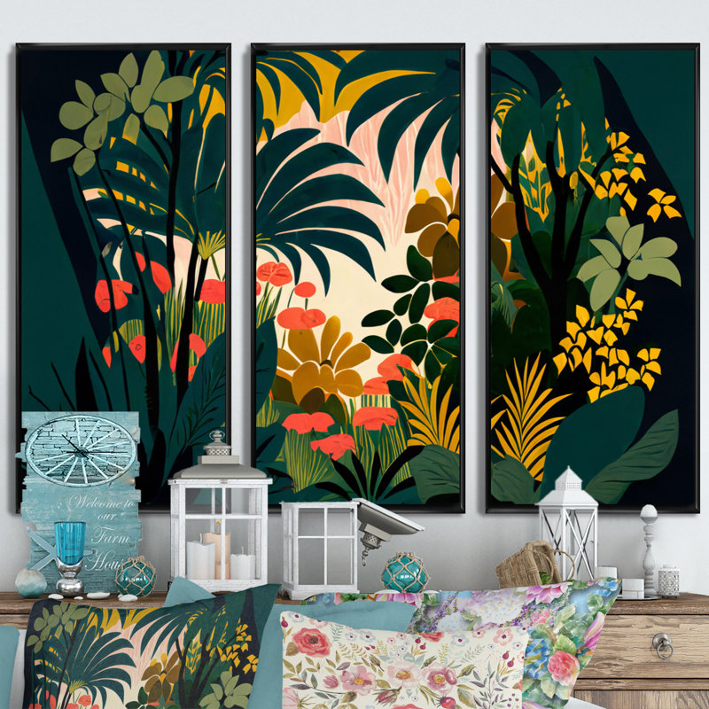 «Blossoming And Vibrant Jungle Flora I», reproduction de 3 pièces, Toile encadrée noire, H 28 po x l 36 po x P 1 po
