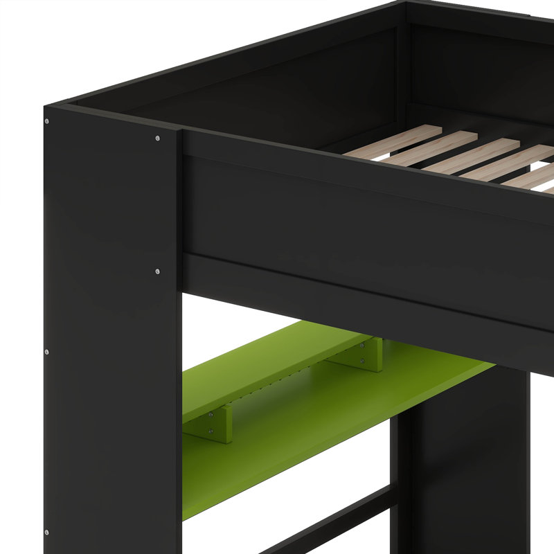 Full Size Gamer Loft Bed With Height-Adjustable Desk,Wardrobe And RGB Light, Black/Green