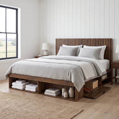 Modern Farmhouse Wood Platform Bed with Vertical Slatted Headboard and Three-Zone Storage System,King, Taupe