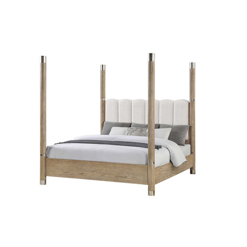 Luxueux grand lit brun avec tête de lit rembourrée moelleuse et conception élégante à quatre colonnes, pour les chambres à coucher modernes