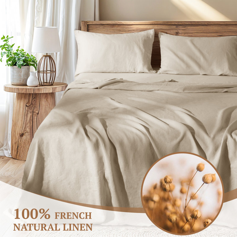Queen Size Linen Cotton Blend Percale Sheet Set in Light Beige
