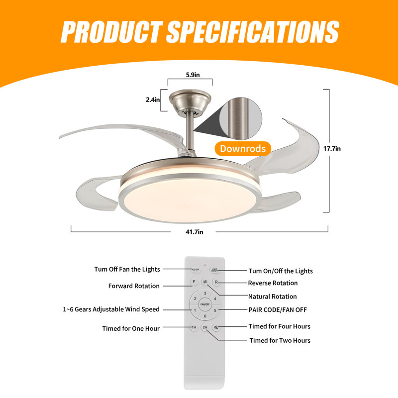  42" Retractable Ceiling Fan With Dimmable LED Light, Remote, 6-Speed Reversible Motor Fan