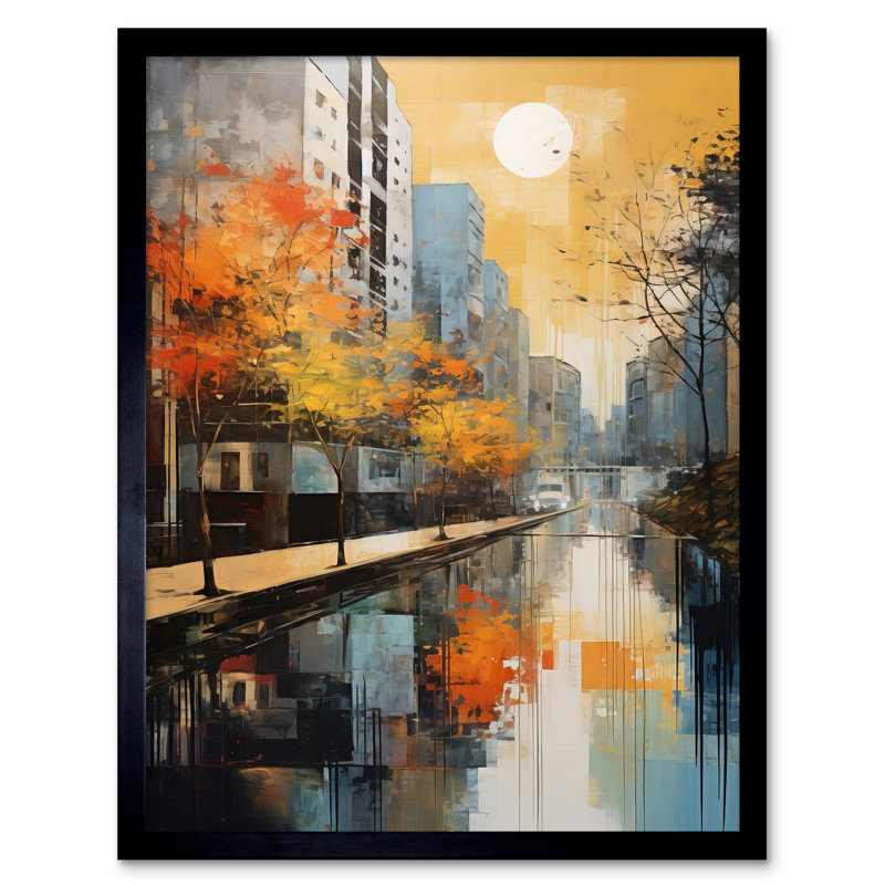 Cityscape River Canal Painting Blue Orange Trees Autumn - Single Picture Frame Print