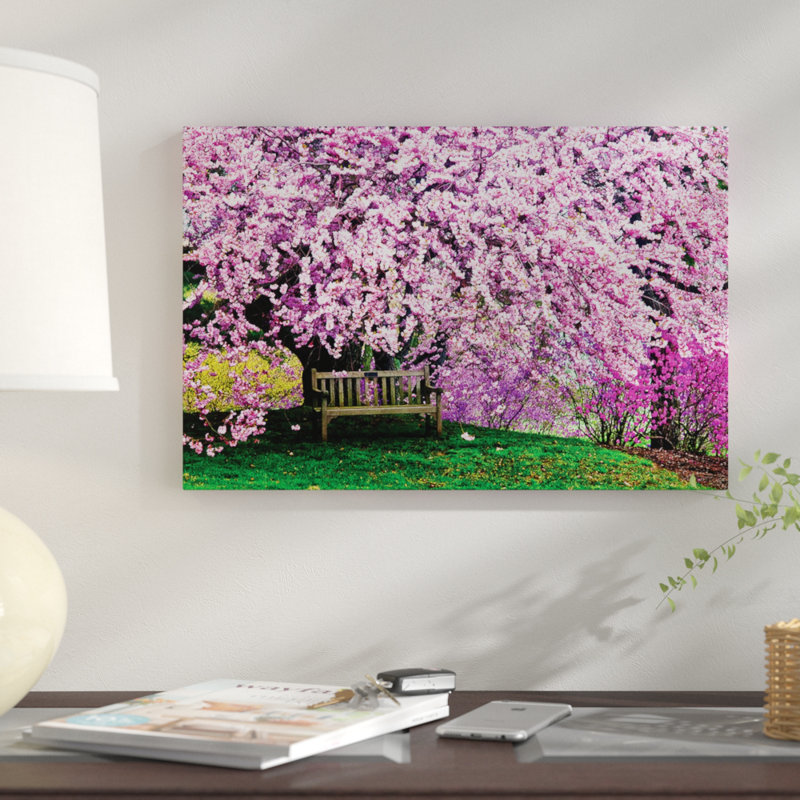 Tribute Bench Under a Cherry Blossom par Jay O'Brien - reproduction de photo sur toile, H 26 po x l 40 po x P 1,5 po