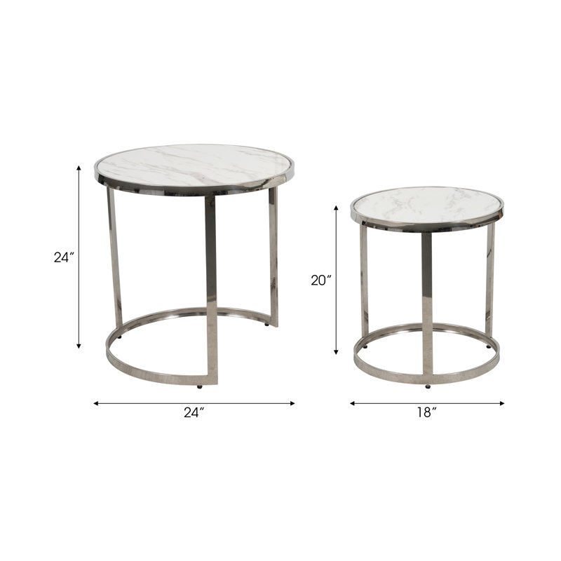 Marble Glass Round Nesting Side Tables, for Style and Function in Living Room or Bedroom Décor, Silver