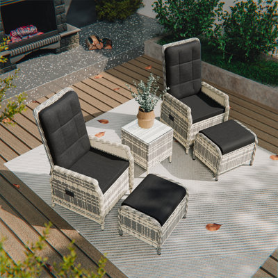 Outdoor Recline Wicker Chairs & Footstool with Cushions (set of 5) 