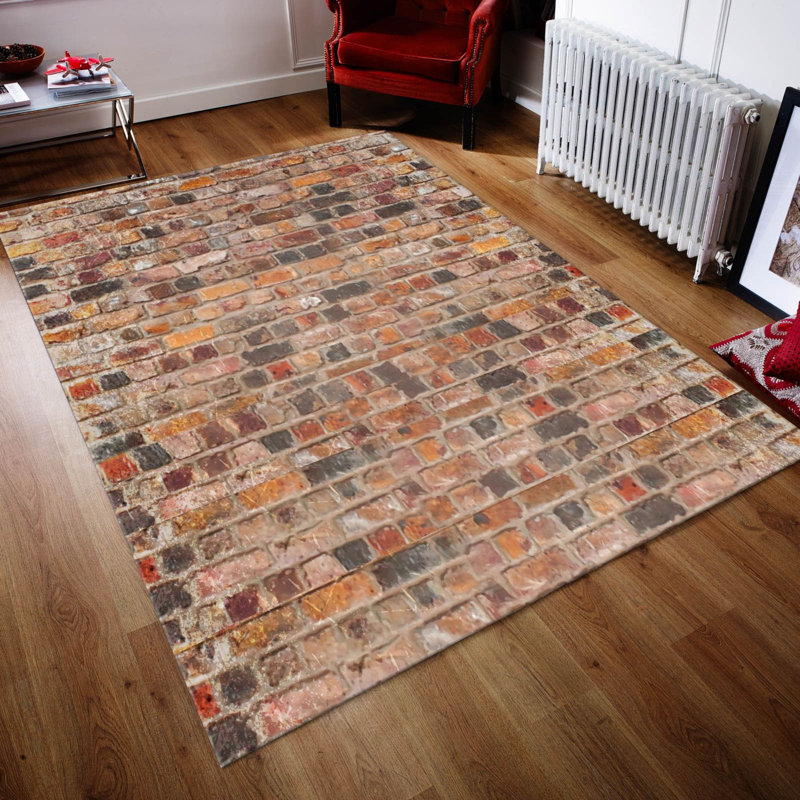 Tapis gris / brun / rouge en polyester tissé à la machine Edgars, Tapis de couloir 2 pi 7 po x 9 pi 10 po
