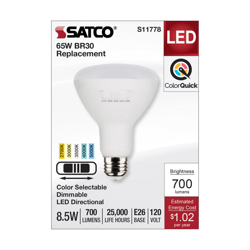 8.5 Watt (65 Watt Equivalent), BR30 LED, Dimmable Light Bulb, Selectable CCT E26/Medium (Standard) Base, 8.5 W
