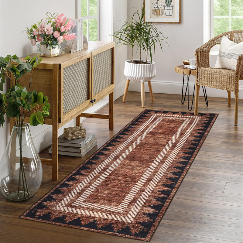 Tapis lavable Geometic Border, Red, Tapis de couloir 2 pi x 6 pi