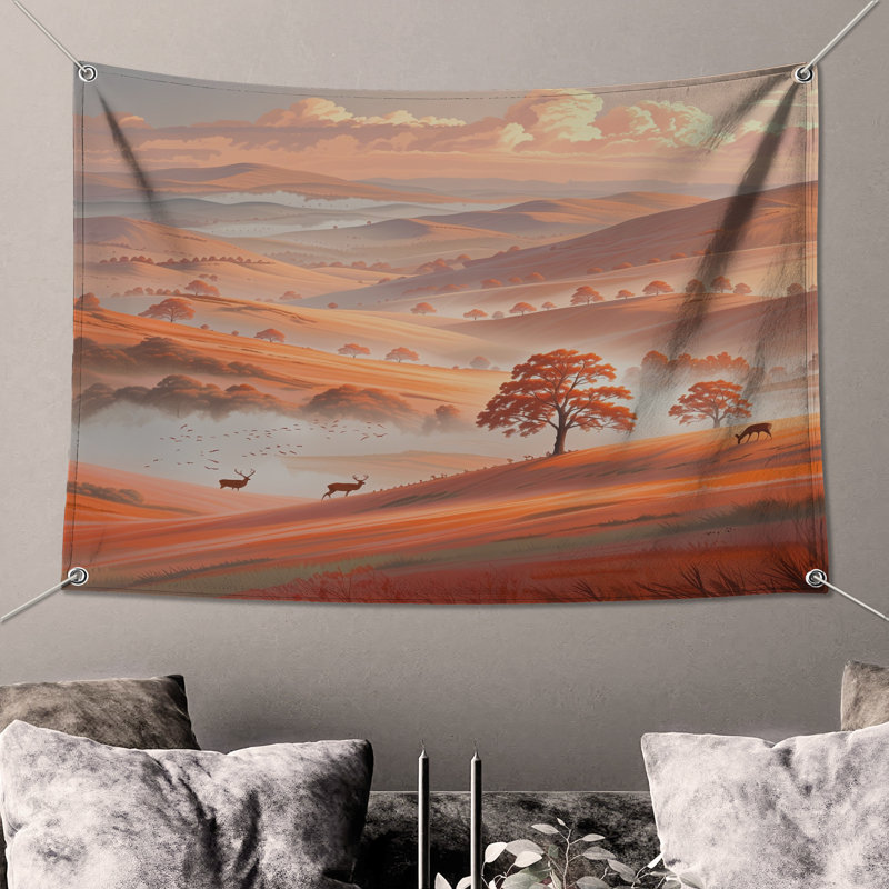 Tapisserie murale Rolling Hills With Deer, H 68 po x l 80 po avec 4 œillets