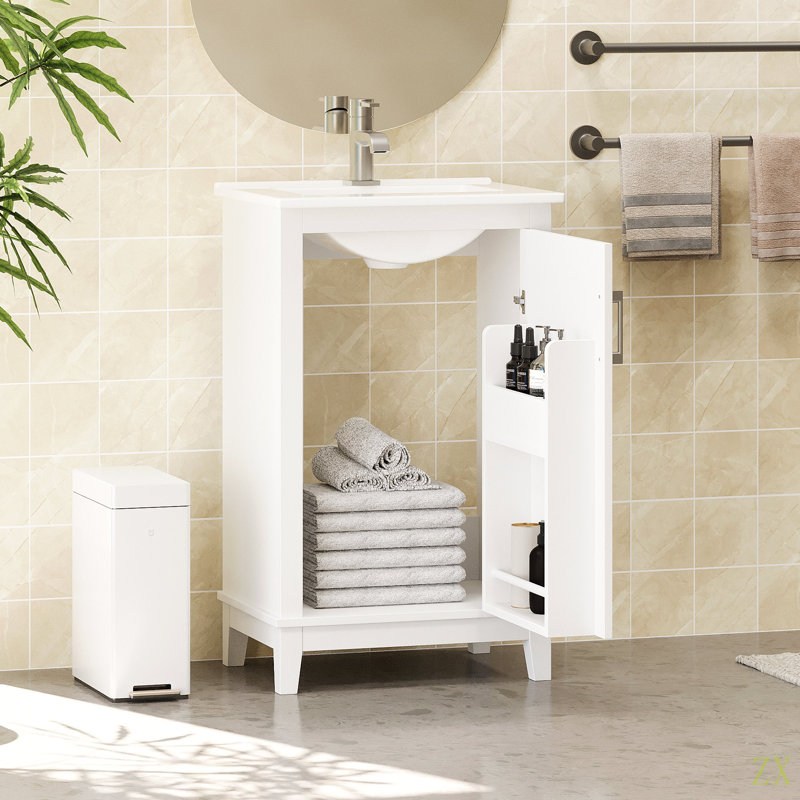 20 Inch Modern Small Bathroom Vanity Cabinet With Ceramic Basin- 20*14.5*33.3 Inches,Ample Storage,1 Soft-Close Door, White