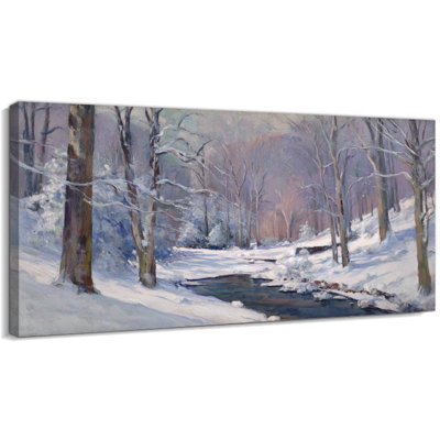 Hiver de Noël, art mural sur toile, forêt sereine neige, impressions sur toile, paysage mural paisible, affiche d'art, ruisseau tranquille, photos pour le salon, la chambre à coucher, 60 po x 30 po