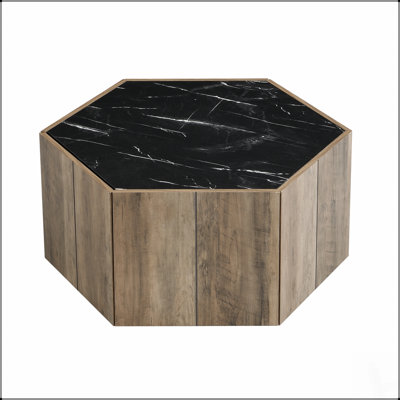 Table basse rustique rétro en bois, avec 2 tiroirs dissimulés et plateau en marbre texturé - idéal pour le salon et les espaces de réception
