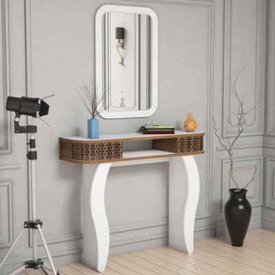 Modern White Sideboard with Mirror, 41.3 x 33.5 x 11.8 in | 100% Melamine Coated Particle Board, Thickness: 0.7 in | Multiple Shelves, Wall-Mountable Design, Geometric Style for Contemporary Living Spaces