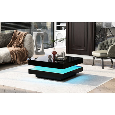 2 tables basses carrées, avec éclairage à DEL, noir ultrabrillant, pour la vie, table 31,5 po x 31,5 po x 14,2 po avec lumières, intérieur noir, salon, 31,5 po x 31,5 po x 14,2 po , Et séduisant