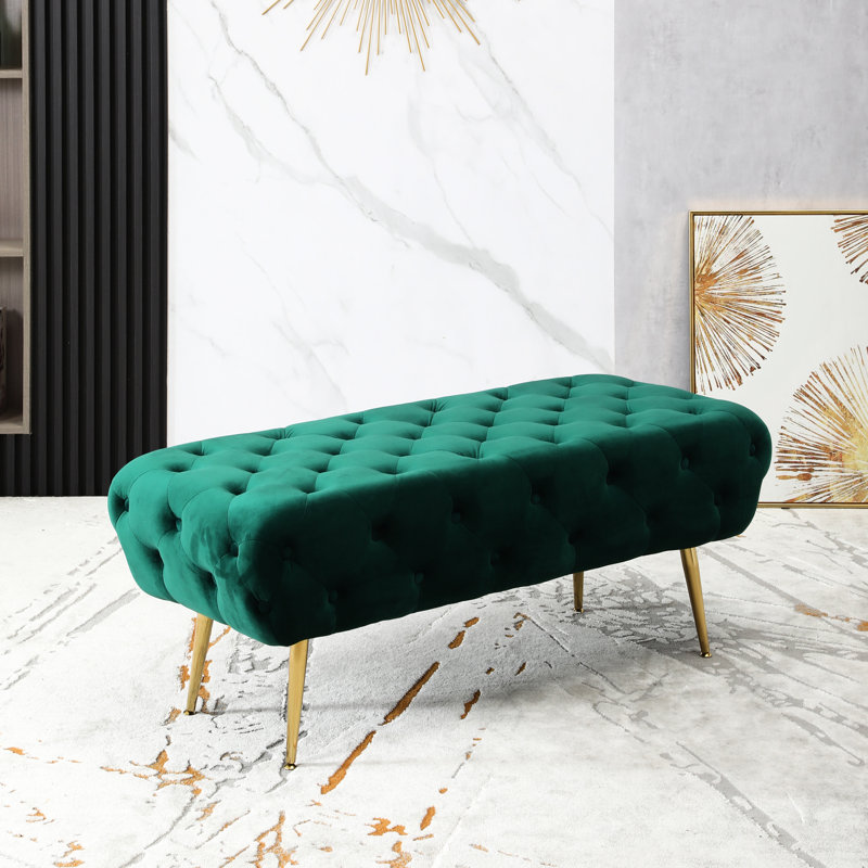 Banc en velours sans dossier avec capitonnage à boutons et pieds en métal doré - 50 po x 20,5 po 18 po, installation facile classique