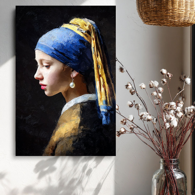 Fille avec une boucle d'oreille perle, art sur toile classique prêt à être accroché - Studio élégant, H 12 po x l 8 po