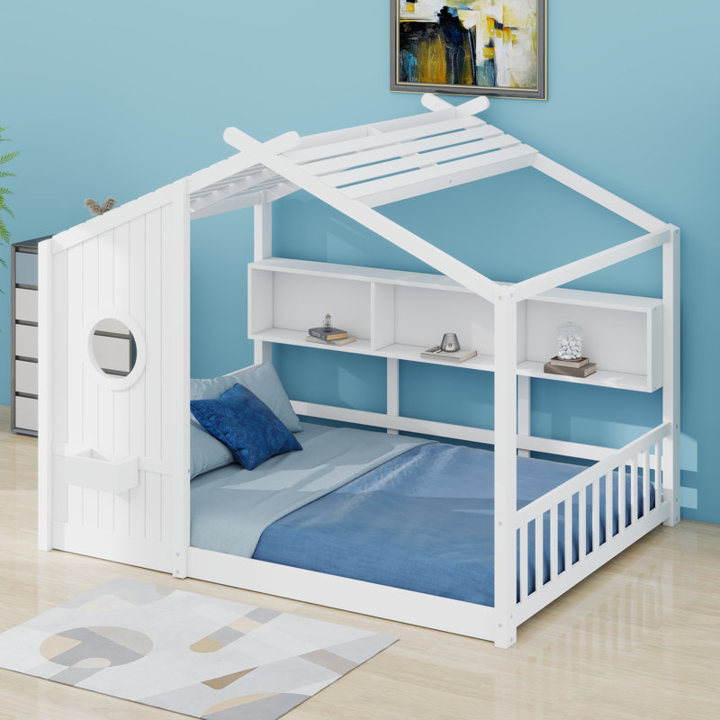 Cadre de lit en bois sur le thème de la maison qui comprend un toit et une tablette de rangement pratique, Lit double, Blanc