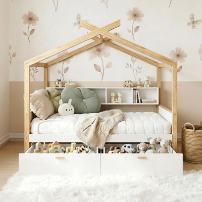 House-shaped Canopy Bed, Canopy Bed Frame with Two Drawers and Bookshelf Storage Space