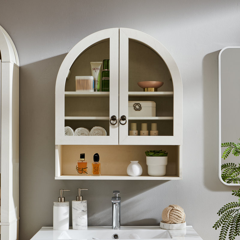  Armoire murale de salle de bain arquée Ahart avec 2 portes en verre et tablette ouverte de 23,6 po, Blanc
