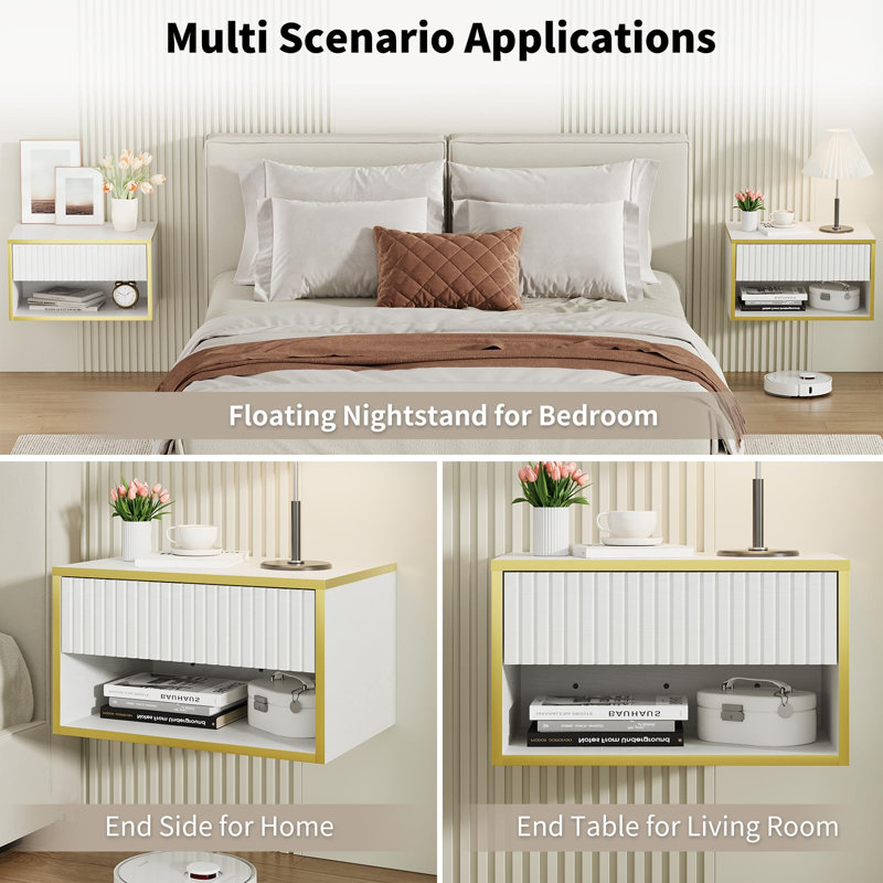 Ensemble de chambre à coucher 3 pièces Floating, Blanc, Grand lit