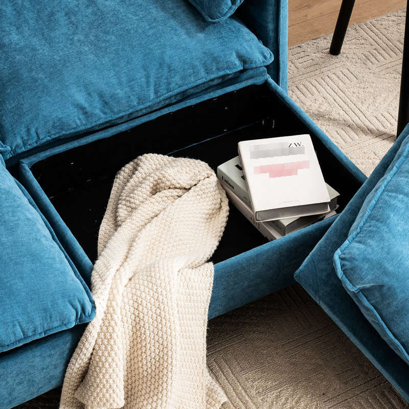 Salon bleu avec rangement et structure en tissu confortable en forme de U convertible 3, Bleu