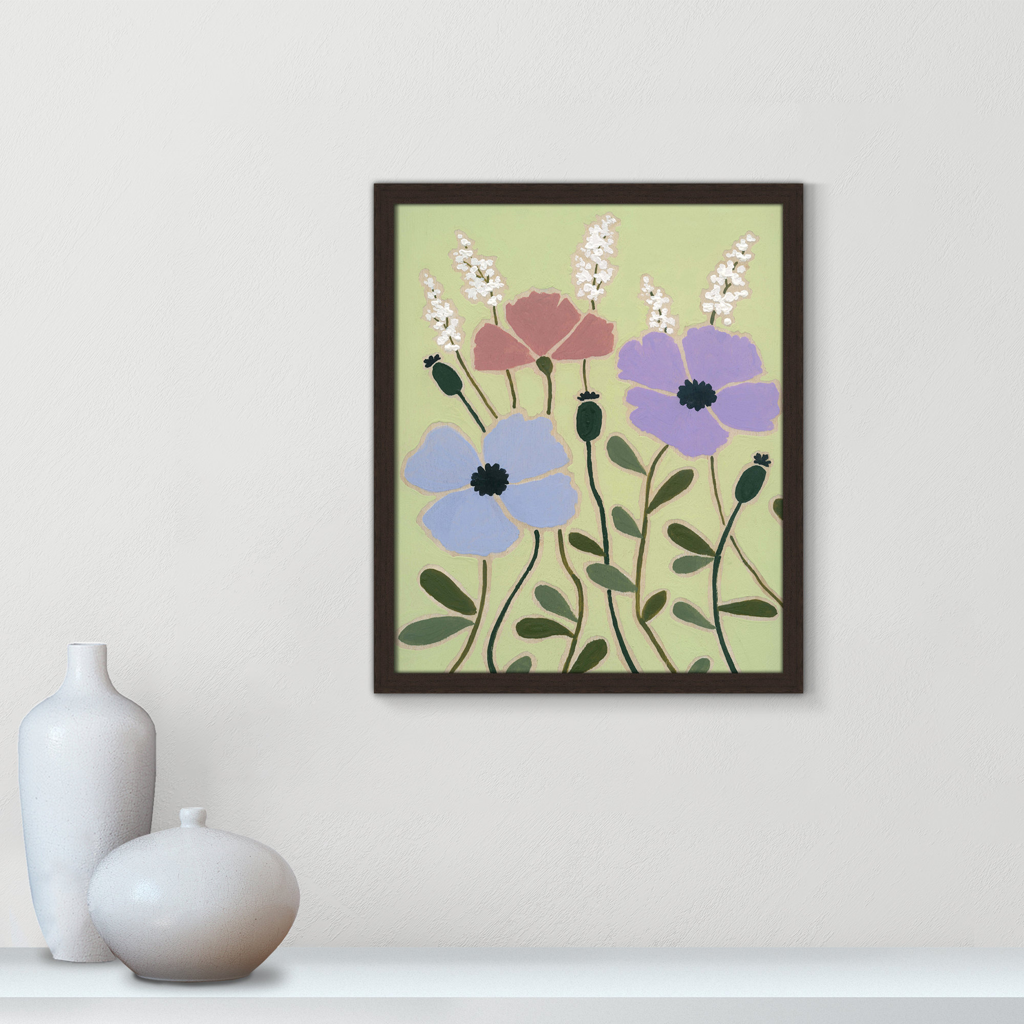 Woodblock Floral III by - Single Picture Frame Print, 19" H x 16" W x 1.25" D, Walnut Framed