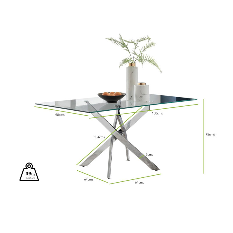 Lenworth Modern Chrome Metal and Glass Dining Table Set with 6 Luxury Faux Leather Dining Chairs, Elephant Gray