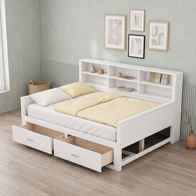 Lit de jour en bois avec tablettes de rangement, tiroirs et station de recharge, Lit double, Blanc