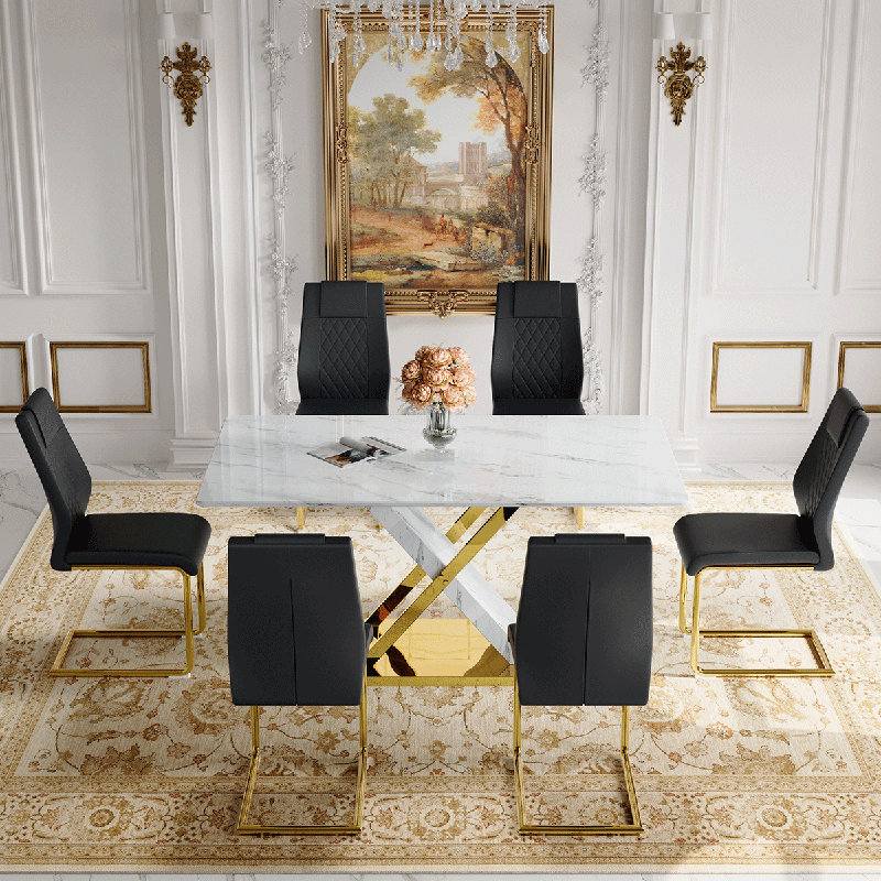 Ensemble de table de salle à manger Marble, Noir, 7 pièces : table, 6 chaises, Doré