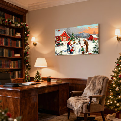 Christmas Winter Family Snow Fort Building Scene Set of 3 Canvas Wall Art Prints