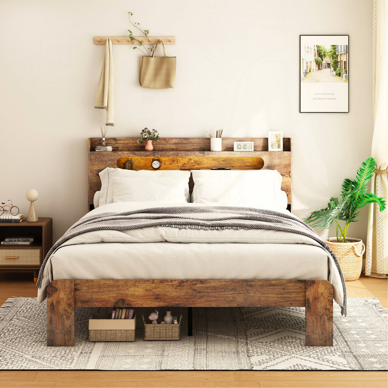 Cadre de lit très grand, cadre de lit plateforme en bois avec tête de lit à DEL avec rangement et 2 ports USB, silencieux, aucun sommier nécessaire et outil d'assemblage facile, grand rangement sous le lit, brun foncé
